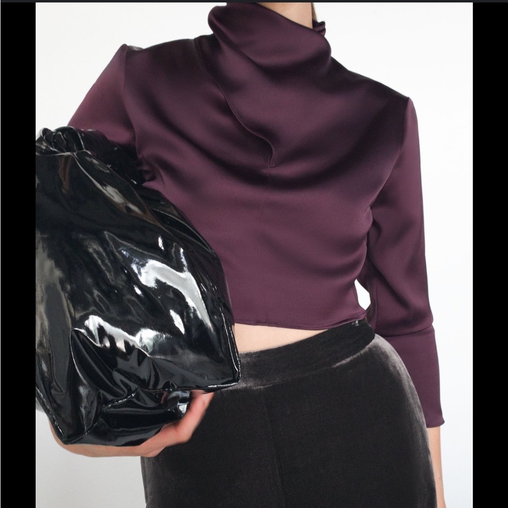 Zara Satin Drapey Crop Top Blouse with Long Sleeves